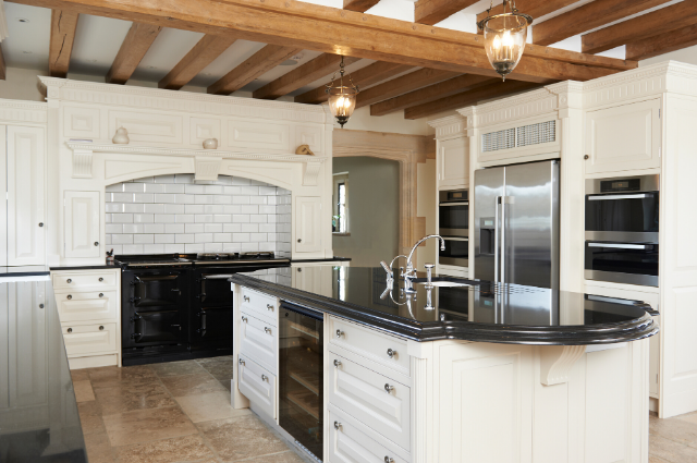 Kitchen with wooden rafters